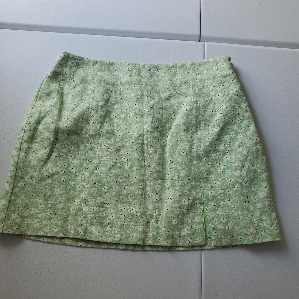 MNG Skirt Womens Large Green Floral Linen Blend Straight Mini Lined Summer